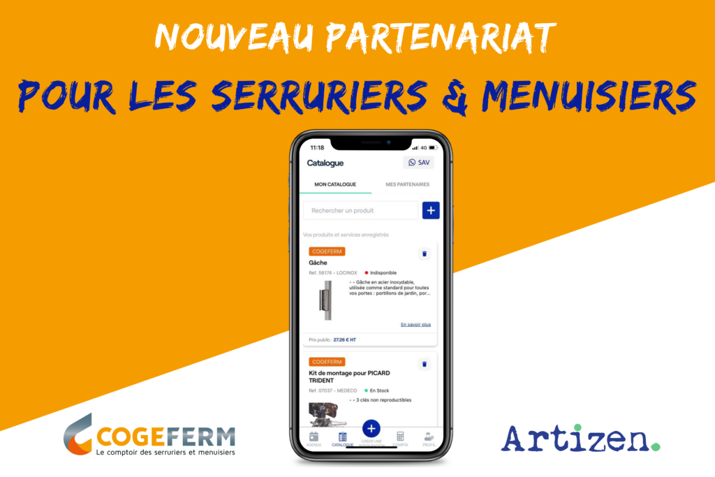 Annonce de partenariat entre Cogeferm et Artizen, illustrée par un smartphone affichant un catalogue de produits pour serruriers et menuisiers, avec les logos des deux entreprises