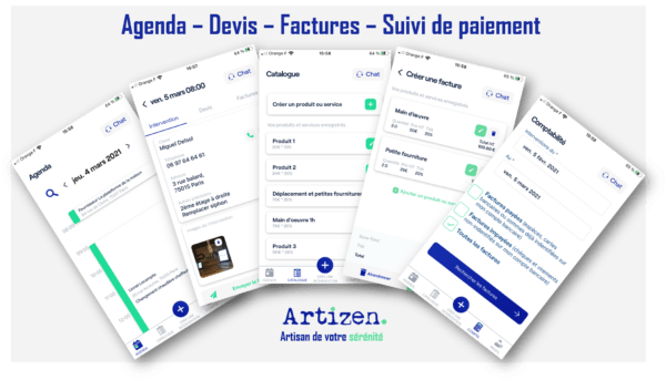 Screenshots de présentation des divers services tels que l'agenda, les devis, les factures et les options de paiement, en lien avec les conditions d'utilisation d'Artizen.
