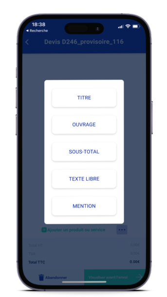 Capture d'écran d'Artizen affichant une interface d'édition de facture et devis avec des options telles que "TITRE", "OUVRAGE", "SOUS-TOTAL", "TEXTE LIBRE" et "MENTION".